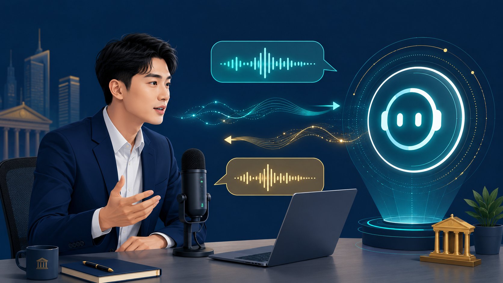 취업준비생이 마이크로 답변하고 AI 면접관이 음성으로 응답하는 음성 면접 훈련 장면